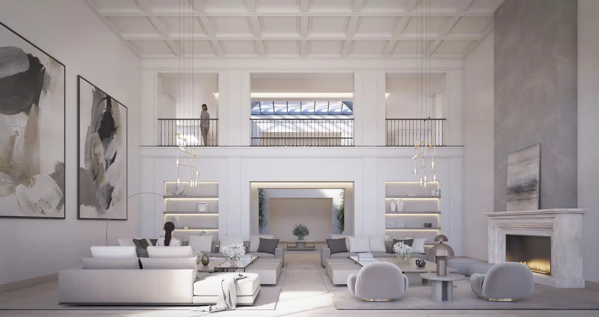 Luxury interior design in La Moraleja featuring a double-height living room, neutral tones, and expansive glazing for seamless indoor-outdoor living.