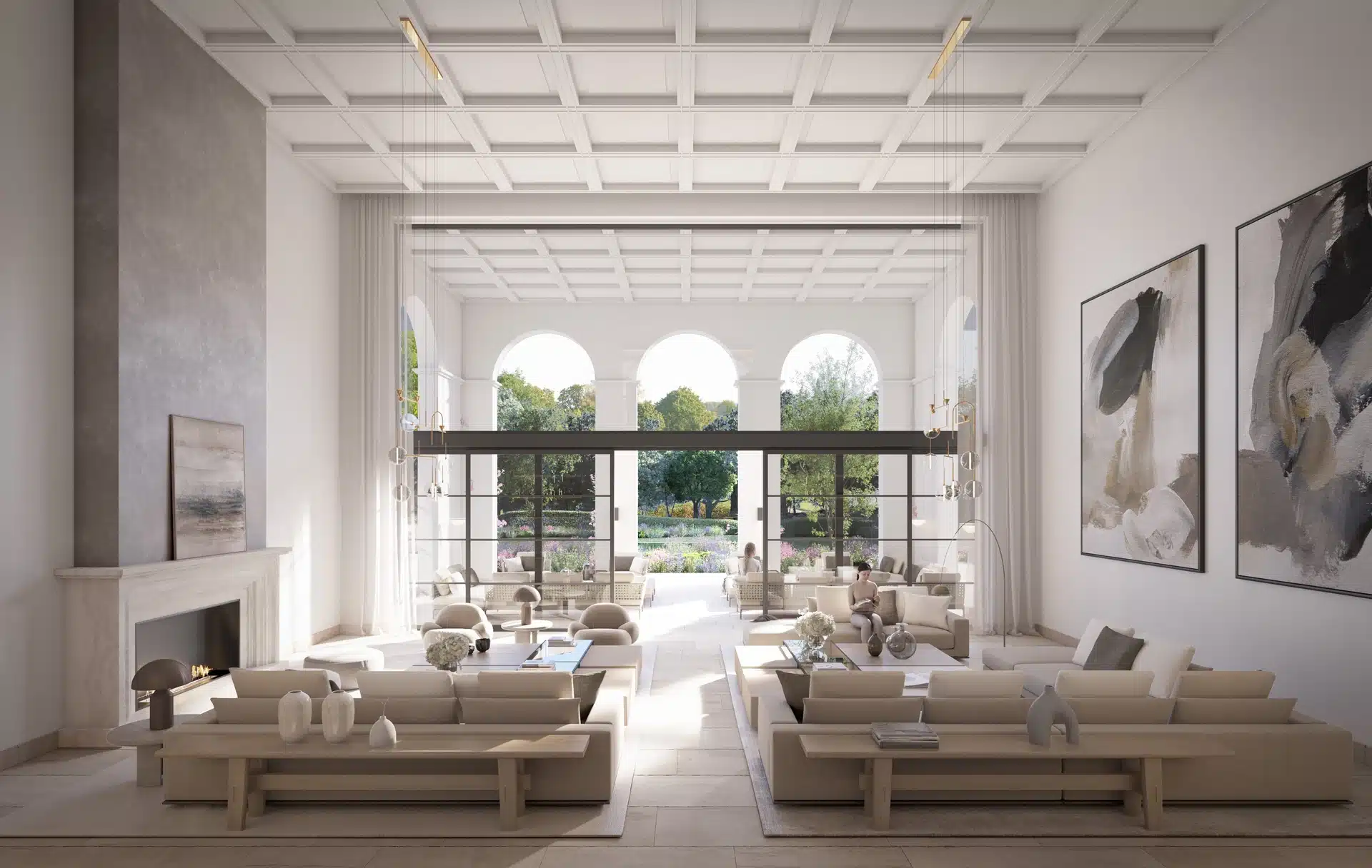 Open-plan luxury living room with high ceilings, floor-to-ceiling windows, and bespoke modern furniture overlooking a private garden in Madrid.