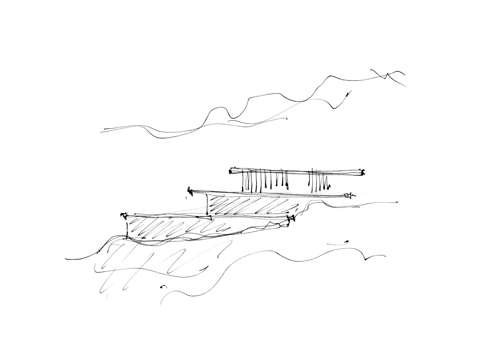 Initial architectural sketch of Villa Geneve by Manuel Ruiz Moriche, illustrating the humanist design concept.