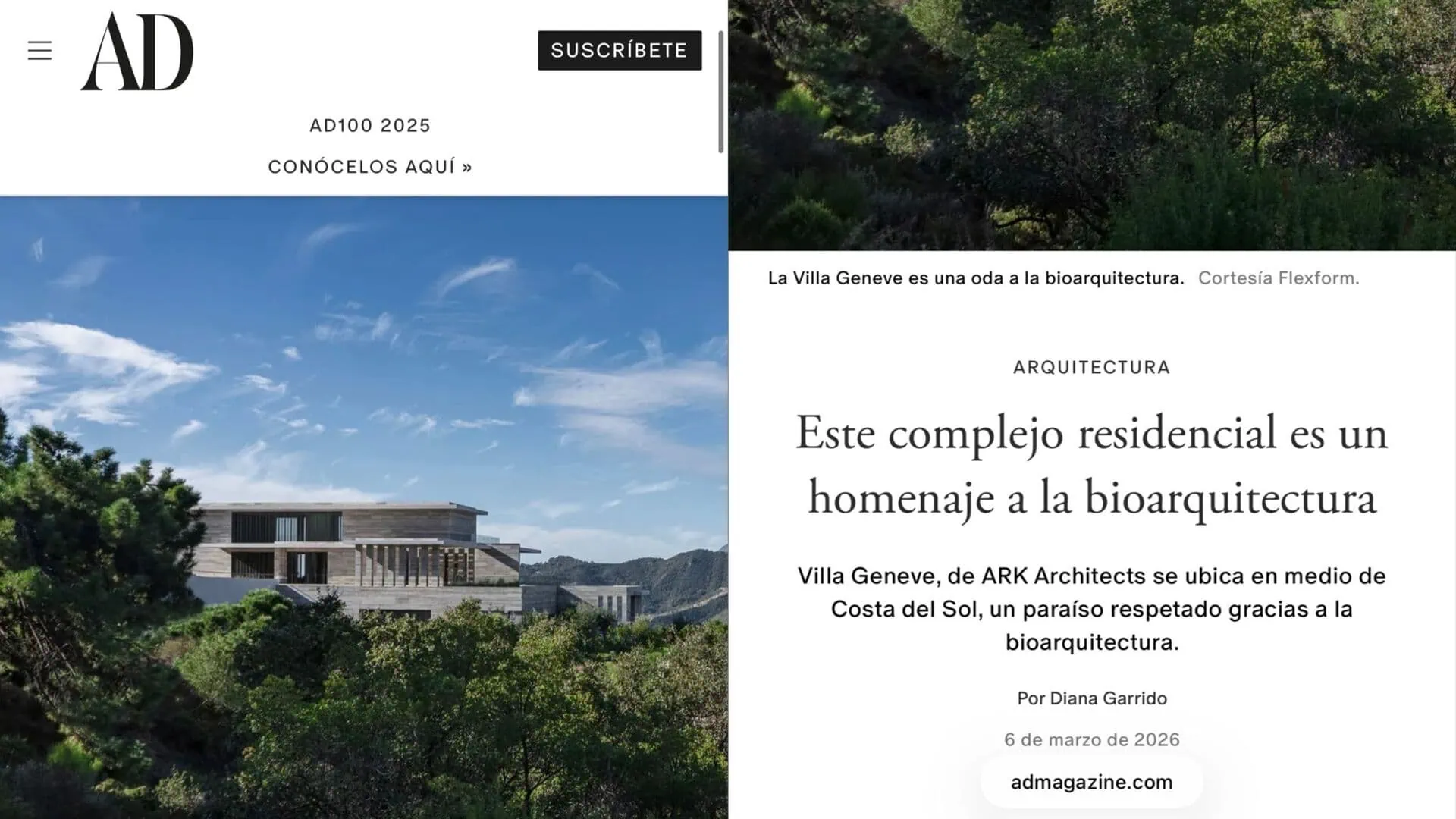 Architectural Digest Mexico article screenshot on Villa Geneve by ARK Architects, 2025 edition - bio-architecture Costa del Sol.