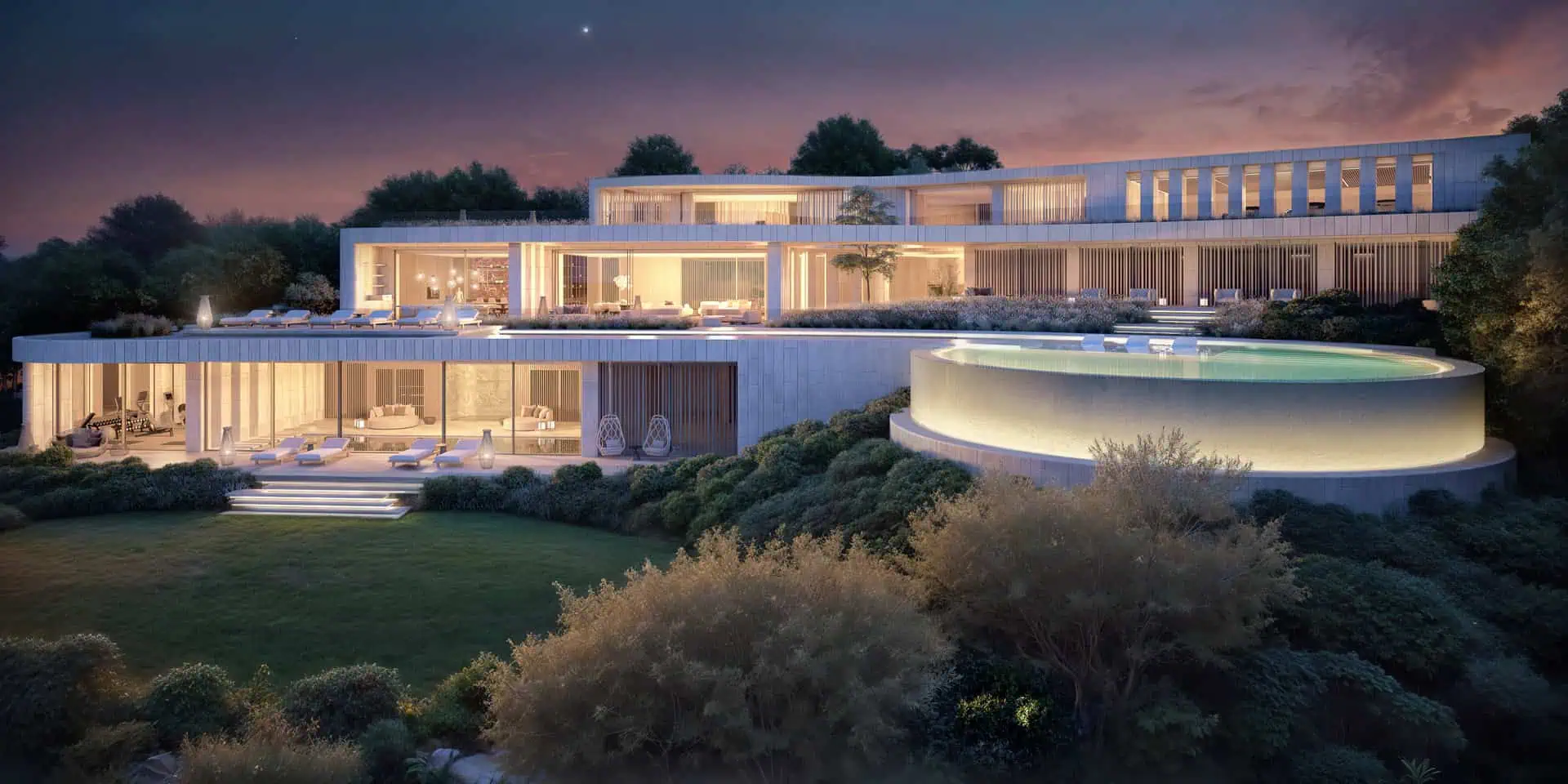 Modern luxury villa SENSE by ARK Architects at night in Sotogrande, showcasing innovative architecture enhanced by artificial intelligence tools for creative design