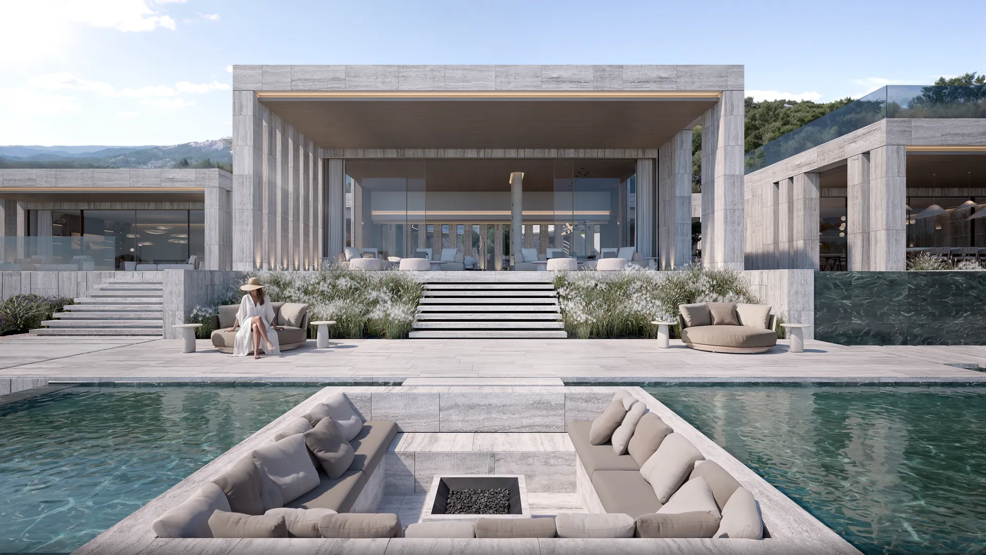 Villa moderna de lujo con líneas limpias y amplios ventanales con vistas a la piscina. Junto a la piscina hay una zona de descanso a nivel del suelo, rodeada de un jardín de estilo minimalista.