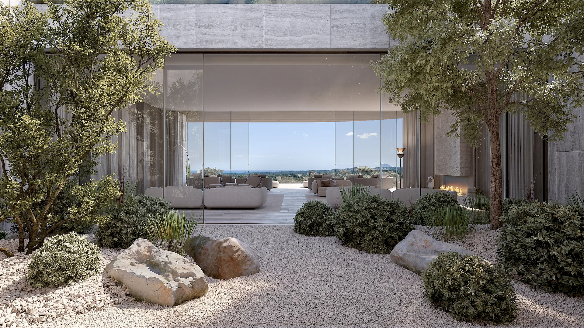 An indoor Zen garden with organic landscaping and rocks, framed by the large windows of the panoramic lounge at Villa DUNE, ARK Architects, Sotogrande