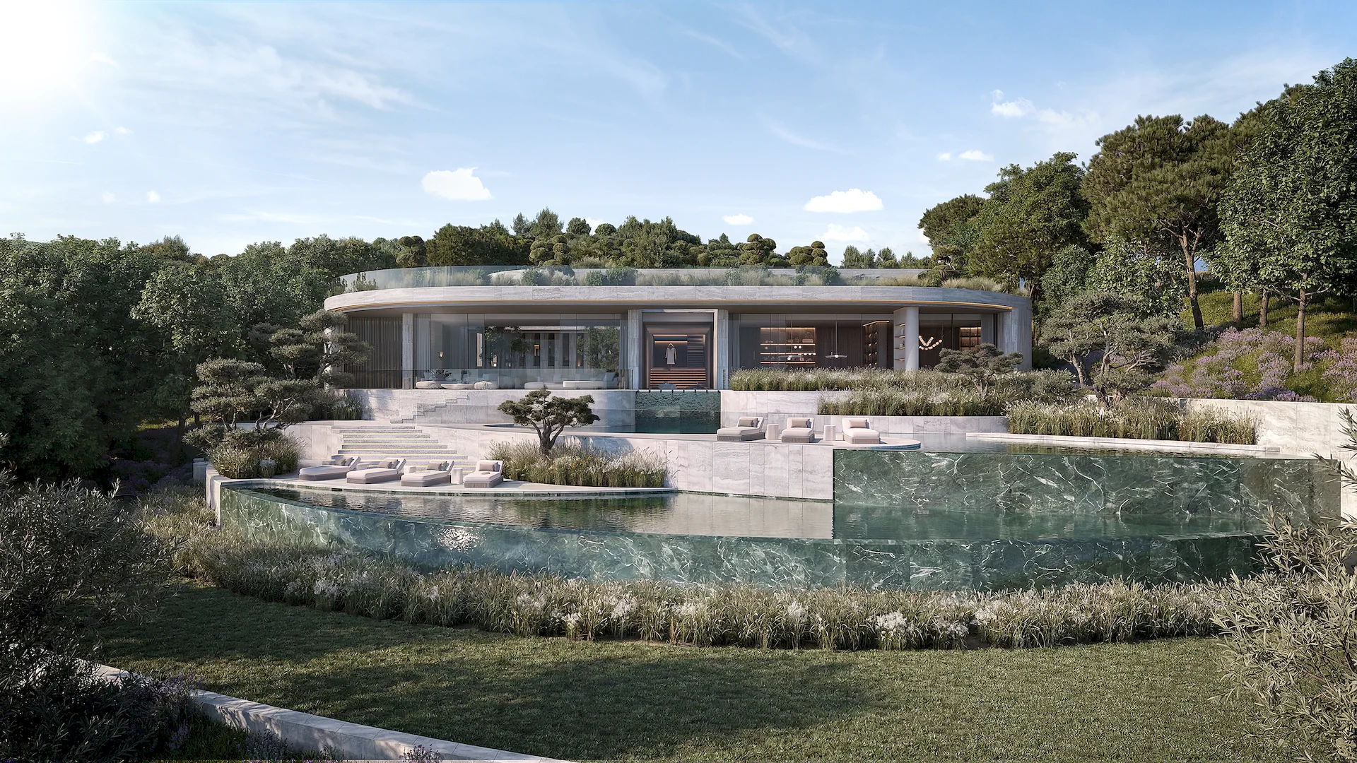 The majestic curved main façade of Villa DUNE, seamlessly integrated into the landscape, featuring terraced balconies and a large infinity pool, a signature design by Manuel Ruiz Moriche.