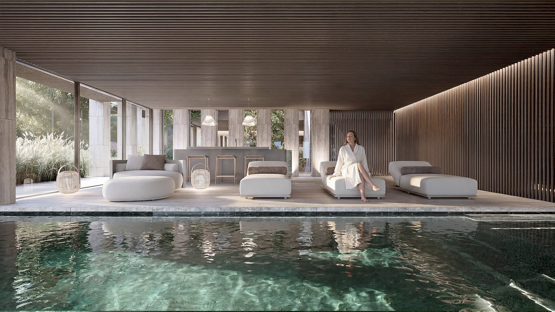 An exclusive relaxation area in the spa at Villa DUNE, featuring a heated pool, designer sun loungers and warm wooden panelling, by ARK Architects, Sotogrande.